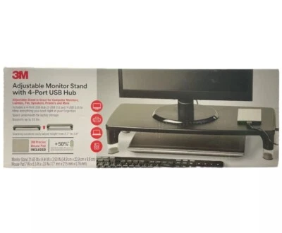 3M Adjustable Monitor Stand, 4-Port USB Hub, 21.6 in x 9.4 in, Black -New In Box - Image 1 of 4