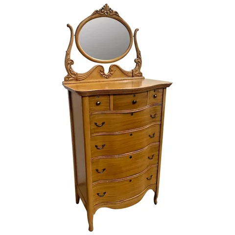 Antique Dresser Tallboy with Mirror Seven Drawers One locking top drawer and key Cover
