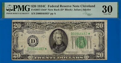 1934C $20 Federal Reserve Note PMG 30 Cleveland Star Fr 2057-Dnb - Image 1 of 2