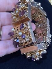 Vintage Retro Gold Tone Amethyst Glass Crystals Pearls Bracelet