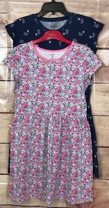 Oshkosh & Carter's Girl 14 Set Of 2 Dresses Short Sleeve Cotton Jersey Pink Navy - Picture 1 of 14