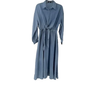 Blaues Maxi-Shirt Kleid langärmelig geknöpft Knotenkrawatte M Shein Prärie - Bild 1 von 9