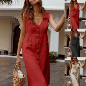 Women's Button V-Neck Sleeveless Midi Dress Casual Loose Summer Beach Dresses - Picture 1 of 14