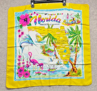 Bufanda vintage del estado de Florida amarillo rosa flor vacaciones pañuelo recuerdo Foto 1 de 4