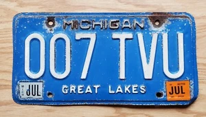 2007 Michigan License Plate 007 TVU James Bond Great Lakes Blue and White - Imagen 1 de 2
