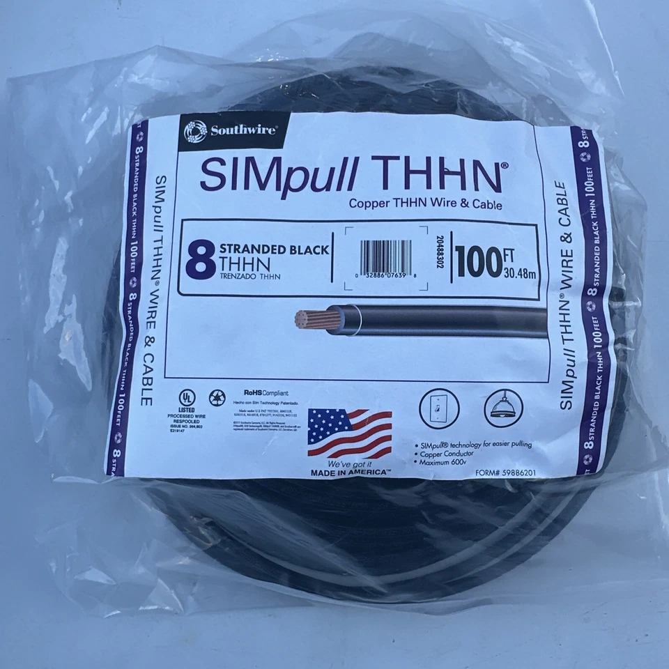 Southwire 8 Stranded THHN Black Wire 100ft 20488301