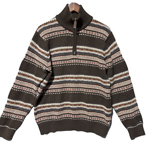 Tommy Hilfiger Sweater Mens Medium Brown Striped  1/4 Zip Pullover Wool Angora