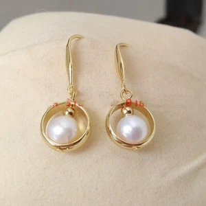 Stunning Natural AAA 7-8mm Round Akoya White Pearl Earrings 14k Gold - Picture 1 of 6
