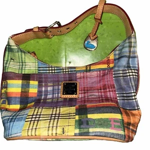 VINTAGE DOONEY AND BOURKE MADRAS PICKNICK KARIERT BESCHICHTETES CANVAS SCHULTERTASCHE - Bild 1 von 6