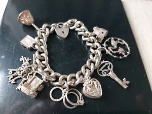  Ladies Very Heavy Vintage Solid Silver Charm Bracelet on Albert chain 91 Gm 