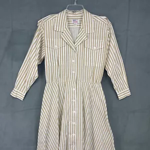 Vestido vintage Avon Fashions para mujer 9/10 marrón a rayas longitud midi 100 % algodón - Imagen 1 de 11