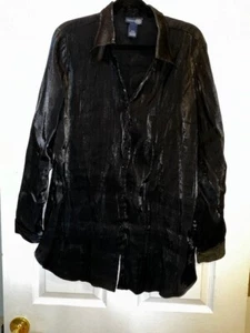 Venezia Jeans sz 18/20 Shiny Black Dressy Button Up LS Blouse Shirt V-Neck - Picture 1 of 5