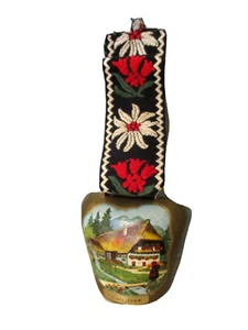 Vintage hand painted Swiss Scene cow or sheep bell Titisse/Schw. hand made strap - Picture 1 of 11