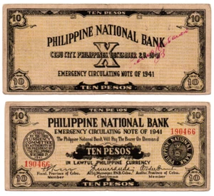 1941 PHILIPPINE Province of Cebu S217 10 Pesos Signed Provincial Treasuer Leyte - Picture 1 of 5