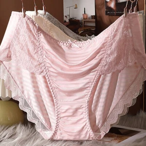 Women Plus Size Lace Panties Mid Waist Lace Bow Decor Briefs Seamless Underpants - Picture 1 of 26