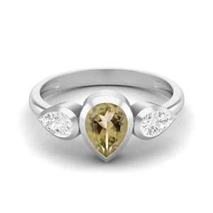 Bezel Set Pear Shape Lemon Quartz 925 Sterling Silver Three Stone Women Ring - Picture 1 of 7