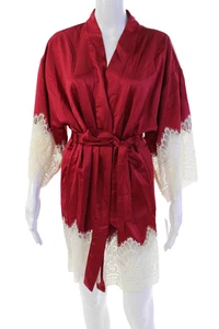 Flora Nikrooz Womens Contrast Lace Trim Detail Waist Tied Satin Robe Red Size XS - Picture 1 of 6