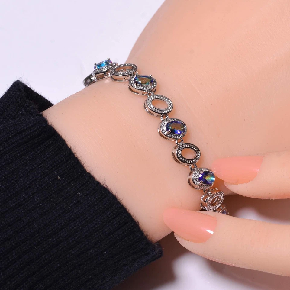 Brazalete Tenis Plata Esterlina 925 Topacio Fuego Místico Arco Iris Azul 7.99" B477406 Foto 1 de 4