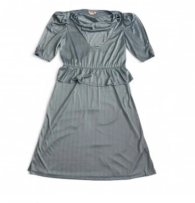 VTG 70s Jerri Jee NY Disco Dress Blue Cowl Neck Stripe Peplum Puff Sleeve Sz 11 - Image 1 of 4