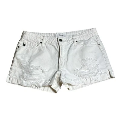 KanCan Shorts Womens 34 Large White Cuffed Mid Rise Distressed Cutoff Denim - Image 1 of 4