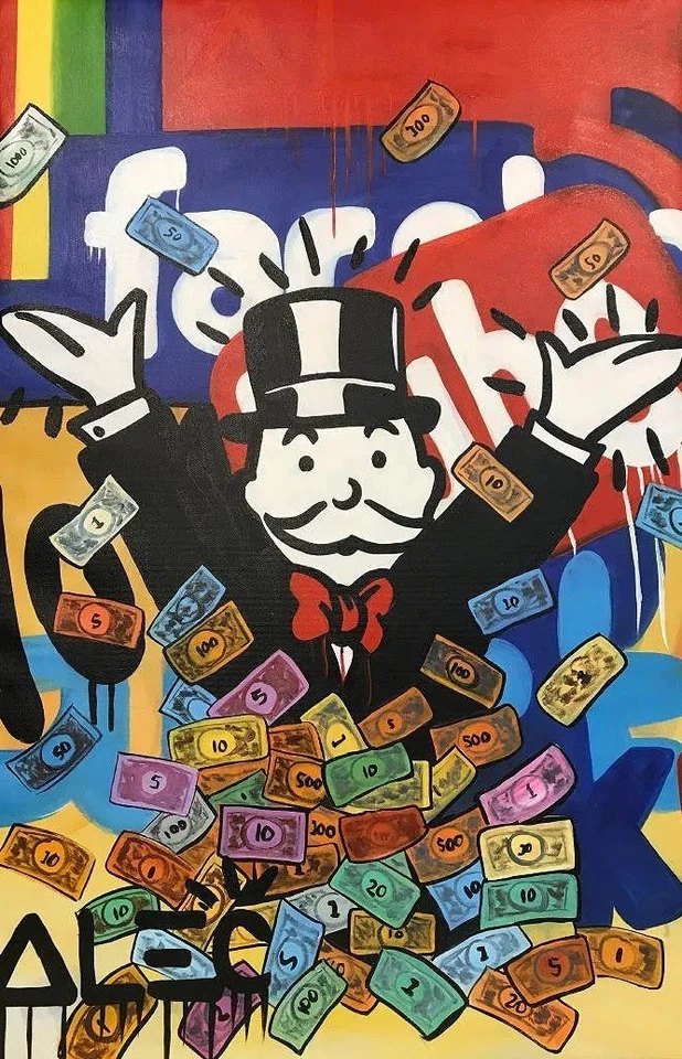 Pintura rara firmada Alec Monopoly acrílico sobre lienzo Foto 1 de 4