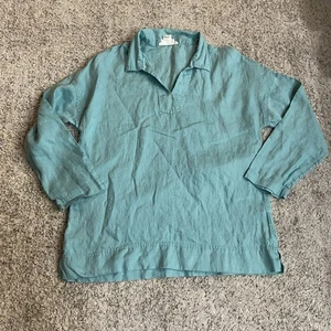 C & C California Blue Linen Dolman Sleeve V Neck Oversized Tunic Coastal Boho - Picture 1 of 6