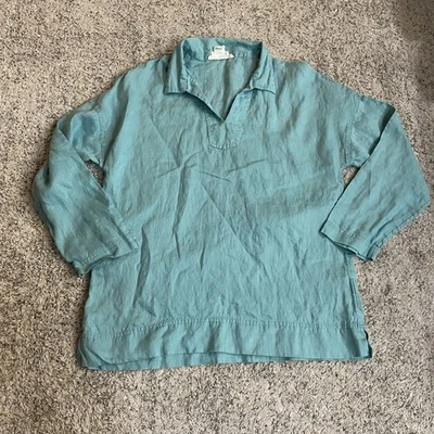 C & C California Blue Linen Dolman Sleeve V Neck Oversized Tunic Coastal Boho - Image 1 of 4