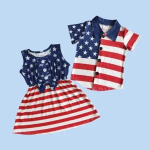 Red White Blue Stars Stripes  USA July 4th Sibling Dress and Shirt Top - Picture 1 of 11
