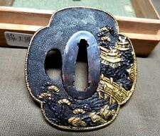 Tsuba Japanese Sword Guard Osaka Castle Engraved Inlaying Mokko Shape Japan