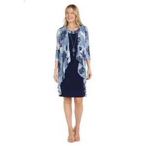R&M Richards Women's 2-Piece Puff Print Jacket & Dress with Necklace, NAVY, 12 - Picture 1 of 4