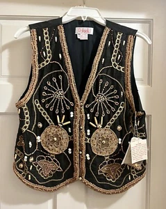 Vintage Rafaella Beautiful 100% Silk Women's Vest with Wood Beads Size Petite - Picture 1 of 9