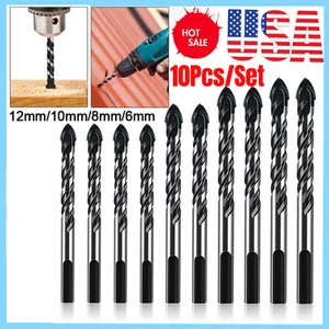 10PCS Masonry Drill Bit Set Carbide Tip Brick Tile Cement Ceramic Glass Plastic - Picture 1 of 11