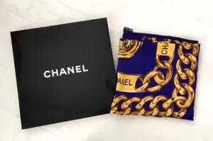 vintage Chanel Metallic Blue Gold Chain Link Silk Scarf Chain Print w/CASE - Picture 1 of 5