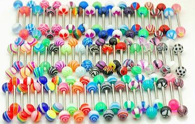10 Pc Mixed Design U.V. Acrylic Ball Tongue Rings 14g 5/8" (16mm) - Image 1 of 4