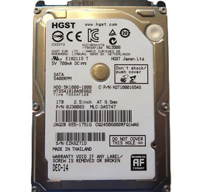Hitachi HTS541010A9E662 PN: 0J38083 MLC:DA5747 Thailand 2.5" 1000gb Sata 2014 - Image 1 of 4