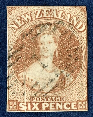 [sto979] NUEVA ZELANDA QV 1859 SG#12 usado 6d Bistre-marrón Chalon IMPERF sin semana VAR Foto 1 de 2