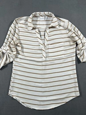 Camisa Top Vaqueros SOHO New York & Company Para Mujer S Pequeña Beige Rayas Cuello en V Foto 1 de 4