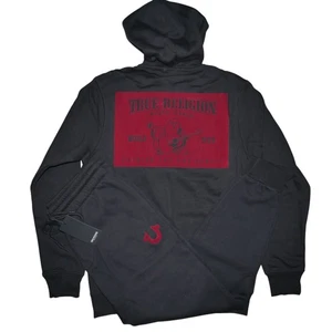True Religion 2 PC Sweatsuit Men's Size M Fleece Tracksuit Black/Red NWT - Picture 1 of 14