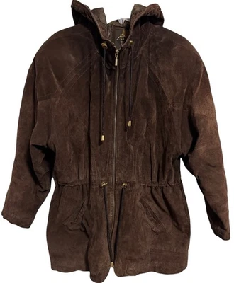 Chaqueta Abrigo de Invierno Vintage GIII Gamuza Cuero Con Capucha Talla Pequeña Marrón Foto 1 de 4