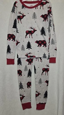 Children's Place Christmas Holiday 2 PC Pajama Set Plaid Moose Bear Sz 8-12 NEW - Image 1 of 4