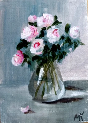 Pintura a óleo ACEO ORIGINAL - Natureza morta com rosas - 2,5x3,5 pol artista MK - Imagem 1 de 3