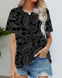 Blouse T Shirt Women Black White Paisley Graphic Fashion Short Sleeve Silky Soft - Picture 1 of 1
