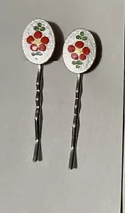  Bobby Pin set -GUILLOCHE ENAMEL  ACCENT- RHODIUM PLATE-  RED FLOWER - Picture 1 of 3