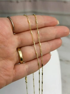 14k Solid Gold Chain Cable Link 1mm Necklace with a Bar 18" Dainty Chain, Italy - Picture 1 of 6