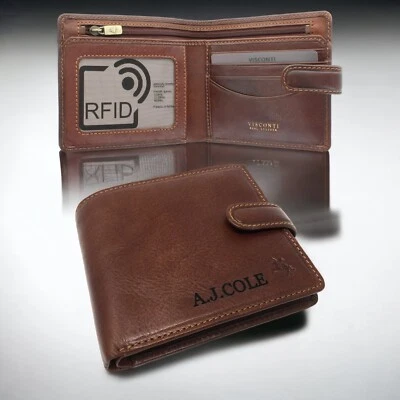 Personalised RFID Leather Mens Slim Tan Leather Wallet - Engraved Daddy Gift - Image 1 of 4
