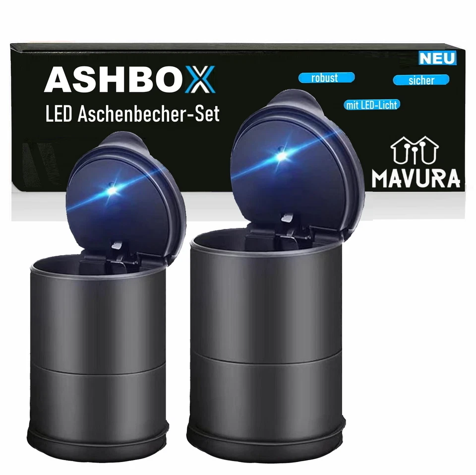 ASHBOX Auto Aschenbecher mit Deckel LED-Licht für Getränkehalter Universal 2 Stk