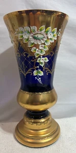 Cobalt Blue Bohemian Art Glass Vase 24K gold Enamel Gold Gilt 12 1/4 " Vtg - Picture 1 of 9