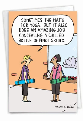 NOBLEWORKS 1 Funny Birthday Greeting Card w/ Envelope Bday Yoga Mat, For Her, Chilled Wine