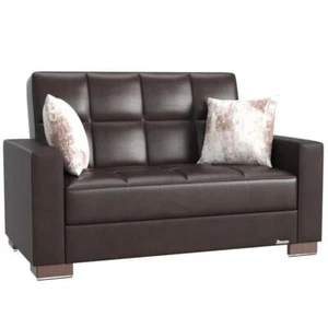 Ottomanson 2-Seater Loveseat 63" Convertible Faux Leather In Brown W/ Storage - Picture 1 of 5