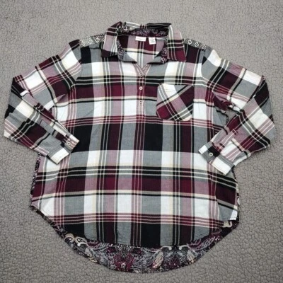 Top Westbound para mujer pequeño grande a cuadros cachemira floral granate negro 1/4 botones Foto 1 de 4